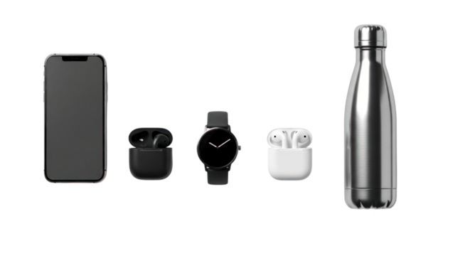 A flat lay of a smartphone, black and white earbuds, a watch, and a metal water bottle isolated on a transparent background