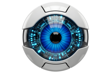 Futuristic robotic eye with blue iris isolated on transparent background