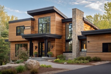Fototapeta premium A contemporary wooden house harmoniously set amidst nature, featuring elegant stone accents and vibrant landscaping, all illuminated by bright daylight and encircled by lush trees