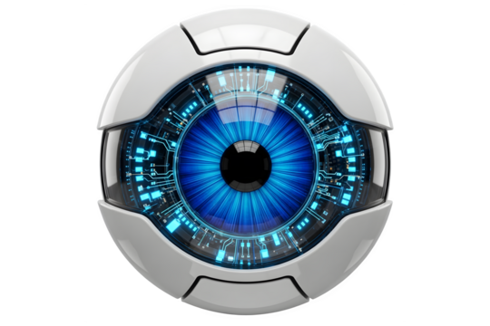 Futuristic robotic eye with blue iris isolated on transparent background