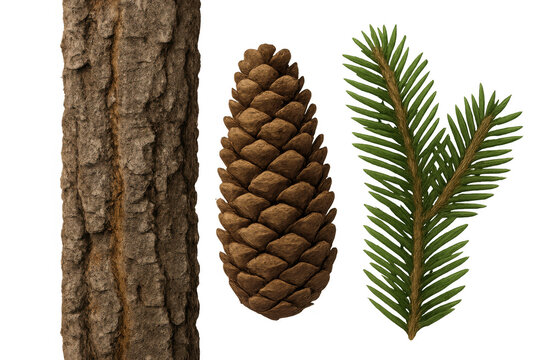 Pine tree bark, branch with green needles, and pine cone, natural forest elements on transparent background