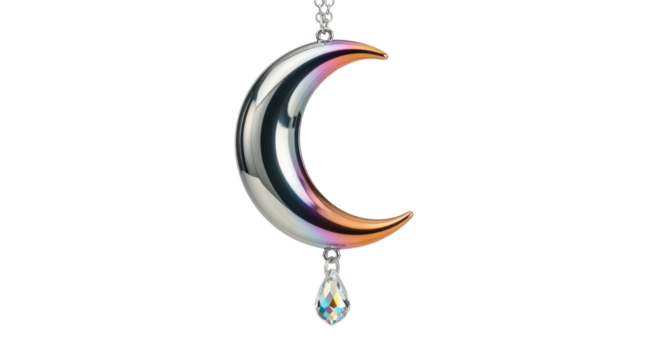 A shiny crescent moon pendant with iridescent coloring and a teardrop crystal on a silver chain isolated on a transparent background - Powered by Adobe