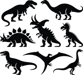Stylized Dinosaur Standing Icon Set – Prehistoric Animal Silhouette Collection Dinosaur Icon Set – Jurassic Creature Standing Vector Silhouettes