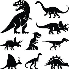 Stylized Dinosaur Standing Icon Set – Prehistoric Animal Silhouette Collection Dinosaur Icon Set – Jurassic Creature Standing Vector Silhouettes