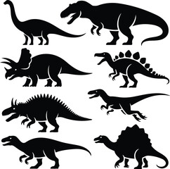 Stylized Dinosaur Standing Icon Set – Prehistoric Animal Silhouette Collection Dinosaur Icon Set – Jurassic Creature Standing Vector Silhouettes