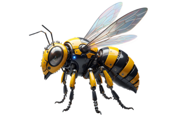 Robotic wasp with yellow and black stripes isolated on transparent background