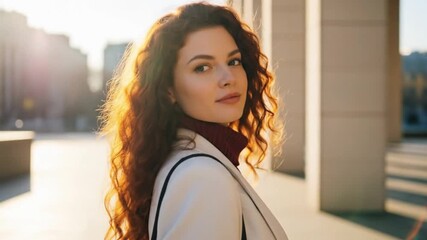 A portrait of a confident businesswoman with curly hair smiling at the camera on a sunny city street. This footage is perfect for corporate success concepts - Powered by Adobe