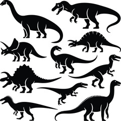 Stylized Dinosaur Standing Icon Set – Prehistoric Animal Silhouette Collection Dinosaur Icon Set – Jurassic Creature Standing Vector Silhouettes