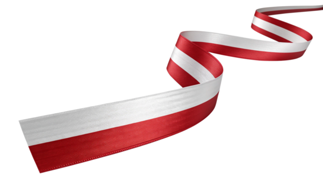 Red and white ribbon waving in a curve isolated on transparent background