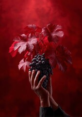 Wine Harvest Essence: A pair of hands tenderly cradles a plump bunch of grapes, complemented by vibrant red leaves, set against a rich, crimson backdrop, embodying the essence of the wine harvest.