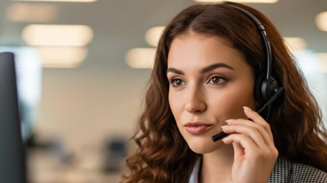 A friendly customer service representative with a headset, smiling and talking in a call center. This footage is perfect for client support concepts - Powered by Adobe