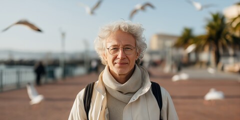 Elderly caucasian male enjoying a seaside stroll on a sunny day with gulls flying