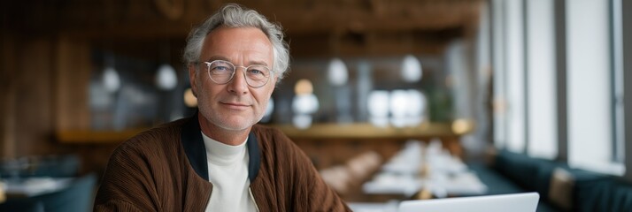 Caucasian mature male with glasses working on laptop in modern office