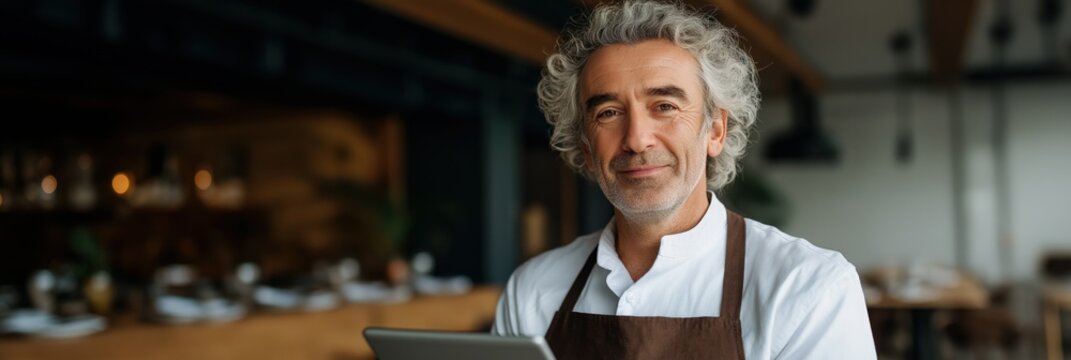 Caucasian male chef in apron holding tablet in restaurant setting