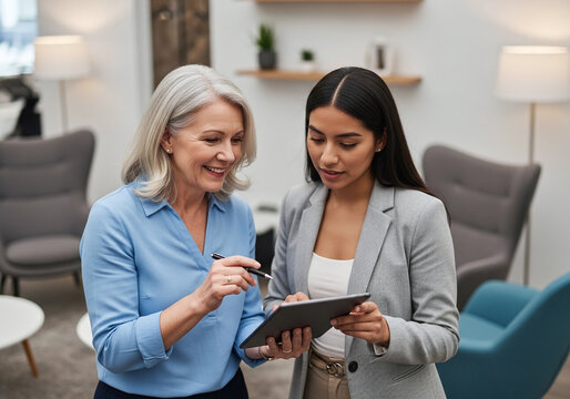 Dynamic businesswomen collaborating on tablet in modern office, fostering innovation and achieving goals together, professional teamwork and partnership - Powered by Adobe