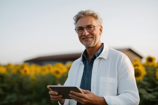 Mature caucasian male holding tablet in sunflower field