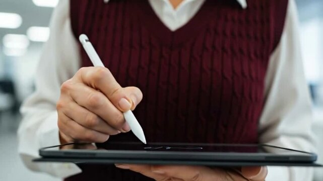 A senior businesswoman signs a digital document on a tablet with a stylus in a modern office. Perfect for paperless workflow concepts