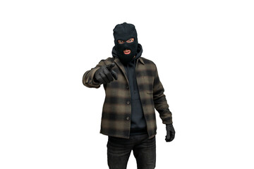 Thief in balaclava mask and gloves pointing finger, criminal man committing crime, robber threat on a transparent background