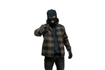 Thief in balaclava mask and gloves pointing finger, criminal man committing crime, robber threat on a transparent background