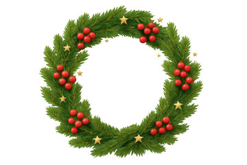Christmas wreath with green pine branches, red hollies, and golden star ornaments creating a festive holiday decoration