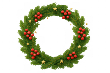 Christmas wreath with green pine branches, red hollies, and golden star ornaments creating a festive holiday decoration