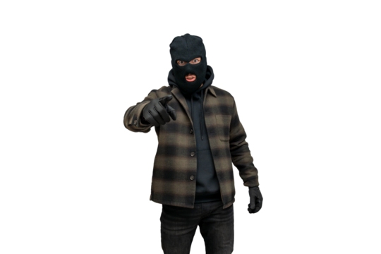 Thief in balaclava mask and gloves pointing finger, criminal man committing crime, robber threat on a transparent background