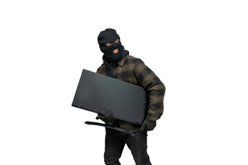 Thief wearing balaclava stealing computer monitor, looking away suspiciously, carrying stolen...