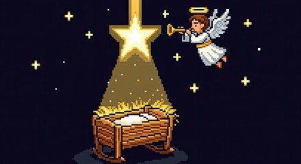 Pixel art 8-bit Star of Bethlehem shining down on an empty cradle without Jesus, with an angel above in the sky blowing a musical trumpet — creative Nativity art in retro video game style.