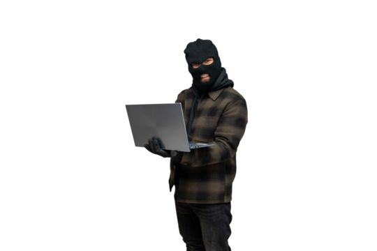 Hacker stealing data using laptop, cybercrime, identity theft, internet security breach, masked criminal activity on a transparent background