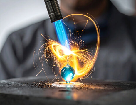Glassblowing artisan shaping a blue sphere with molten fire and sparking creation