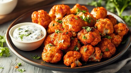 Savory buffalo cauliflower bites with creamy dip, garnished with fresh parsley on a dark plate, healthy snack