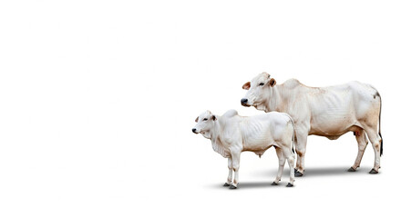 Cow Standing Next to a Nelore Calf in the Right Corner Against a White Background
