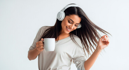 Beautiful Young Woman Smiling and Dancing While Enjoying Music with Headphones and Holding a Coffee Mug