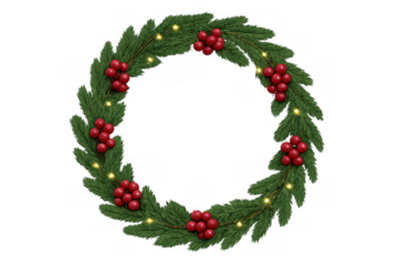 Christmas wreath with pine branches, red berries, and twinkling lights for festive holiday season decoration