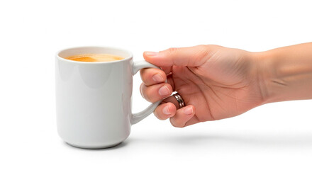 Title: Top View of a Hand Grabbing the Handle of a Coffee Cup Against a White Background