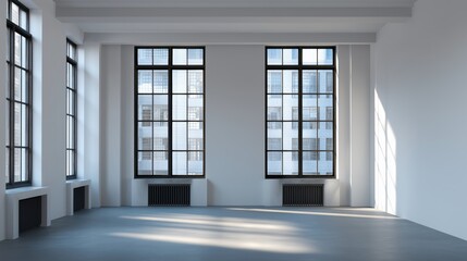Obraz premium A minimalist spacious room with large windows, bright and airy interior. The room's sleek design allows for versatility 