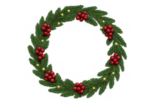 Christmas wreath with pine branches, red berries, and twinkling lights for festive holiday season decoration