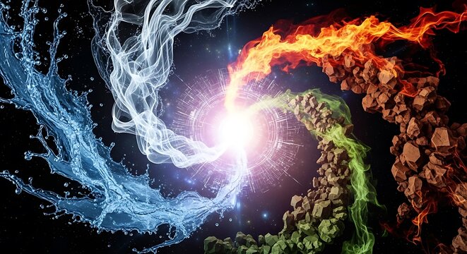 Dynamic elemental forces collide in a mesmerizing cosmic swirl showcasing fire, water, earth, and air for concepts of balance, harmony, and power