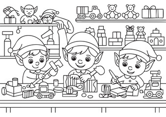children elf with presents. coloring page for kids