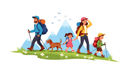 Family hiking in the mountains Parents and children trekking with backpacks and a dog amid scenic peaks
