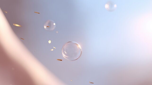 Soap bubbles floating in the air against a soft background with golden specks