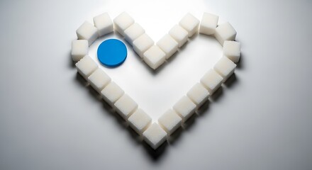 Conceptual heart made of sugar cubes with blue circle asks are you sweet enough or have diabetes conceptual healthcare and dietary lifestyle message