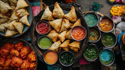 A vibrant display of indian street food, featuring samosas and an array of colorful dipping sauces