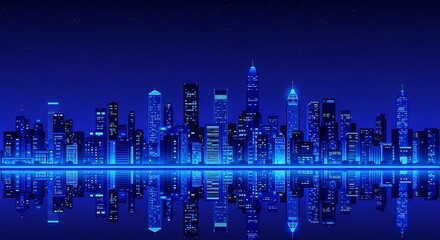 Obraz premium Vibrant blue cityscape with stunning reflections shimmering at twilight, perfect for futuristic tech or innovative urban development designs