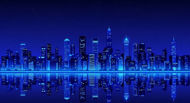 Vibrant blue cityscape with stunning reflections shimmering at twilight, perfect for futuristic tech or innovative urban development designs