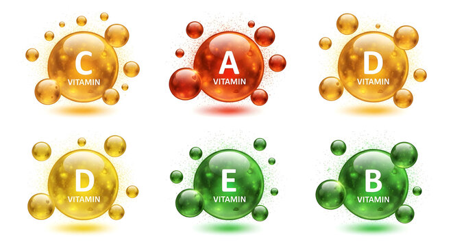 Vitamin capsules collection in vivid colors Glossy spheres symbolizing different vitamins for nutrition graphics