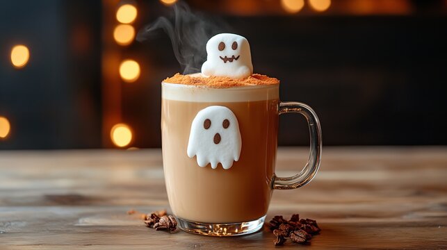Halloween coffee with ghost marshmallows, a spooky and festive drink for the holiday season - Powered by Adobe