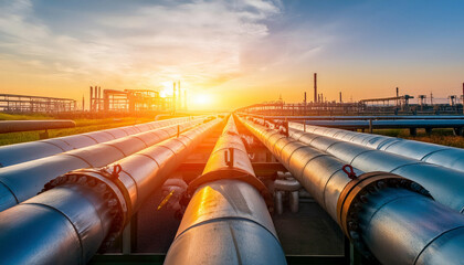 Vibrant sunset backdrops gas and oil pipelines at refinery plant