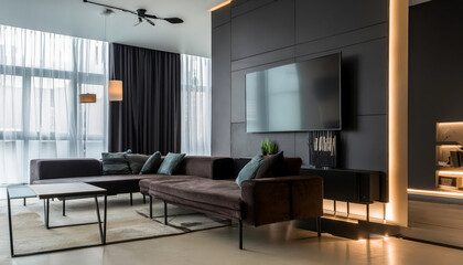 Contemporary living room interior with dark tones