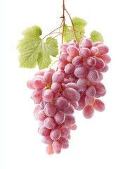 Fototapeta premium Juicy Cluster of Grapes: A close-up view of a vibrant bunch of ripe, red grapes, showcasing their succulent texture, along with the fresh green leaves and stem.